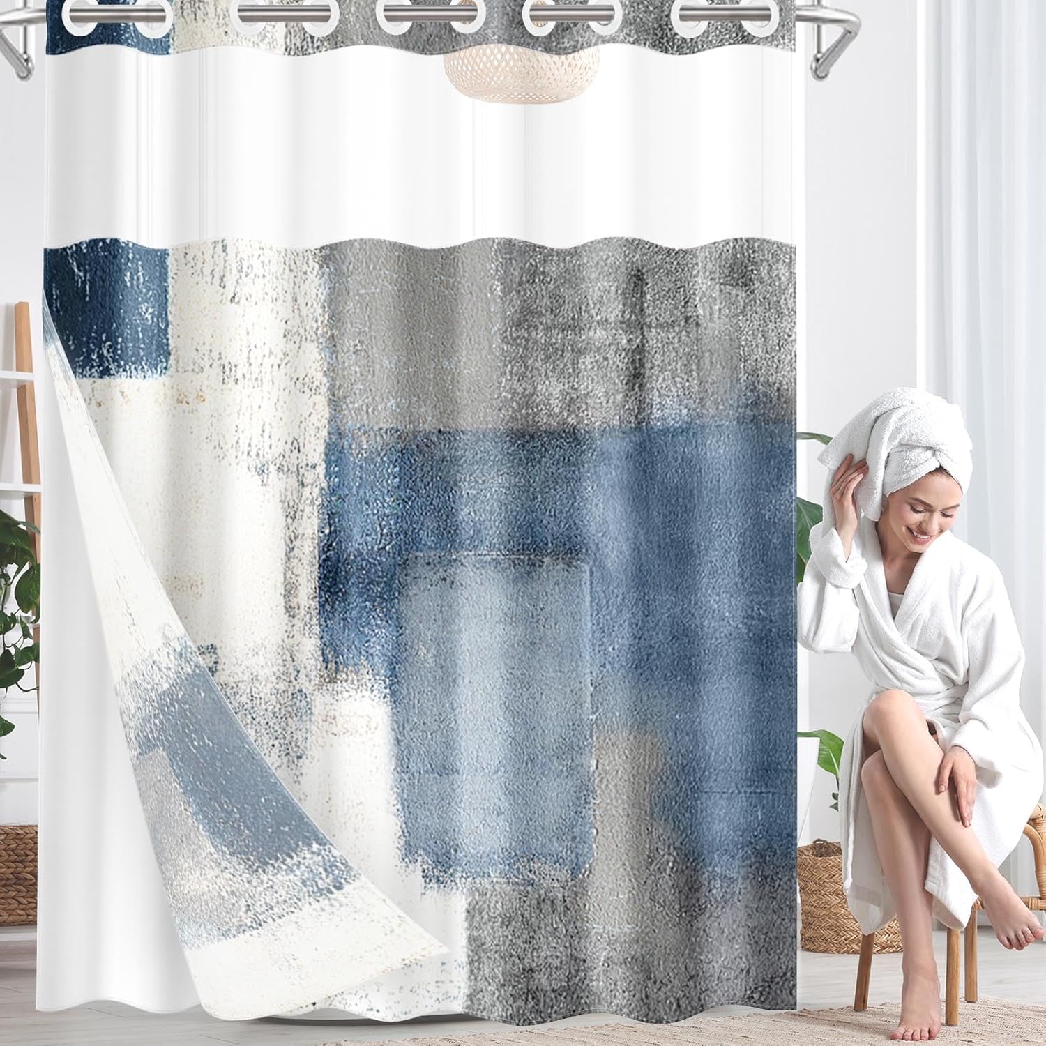 Nesphy No Hook Blue Grey Shower Curtain Set with Clear Top Window