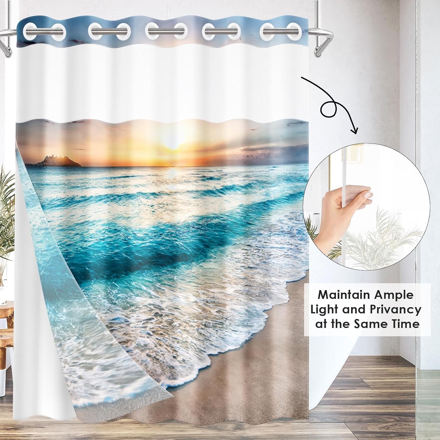 Nesphy No Hook Beach Shower Curtain Set 71x74 Inch