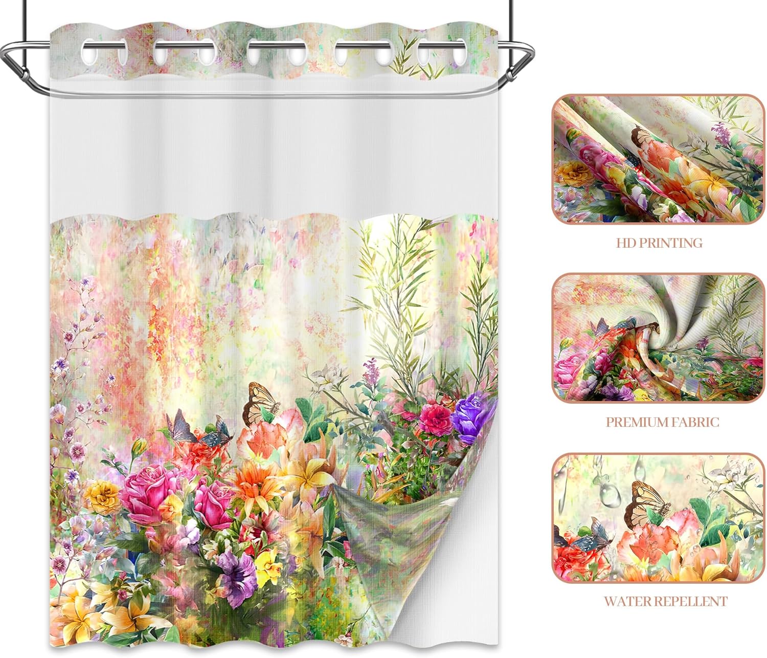 Tonmue Spring Summer Floral Hookless Shower Curtain Set 1
