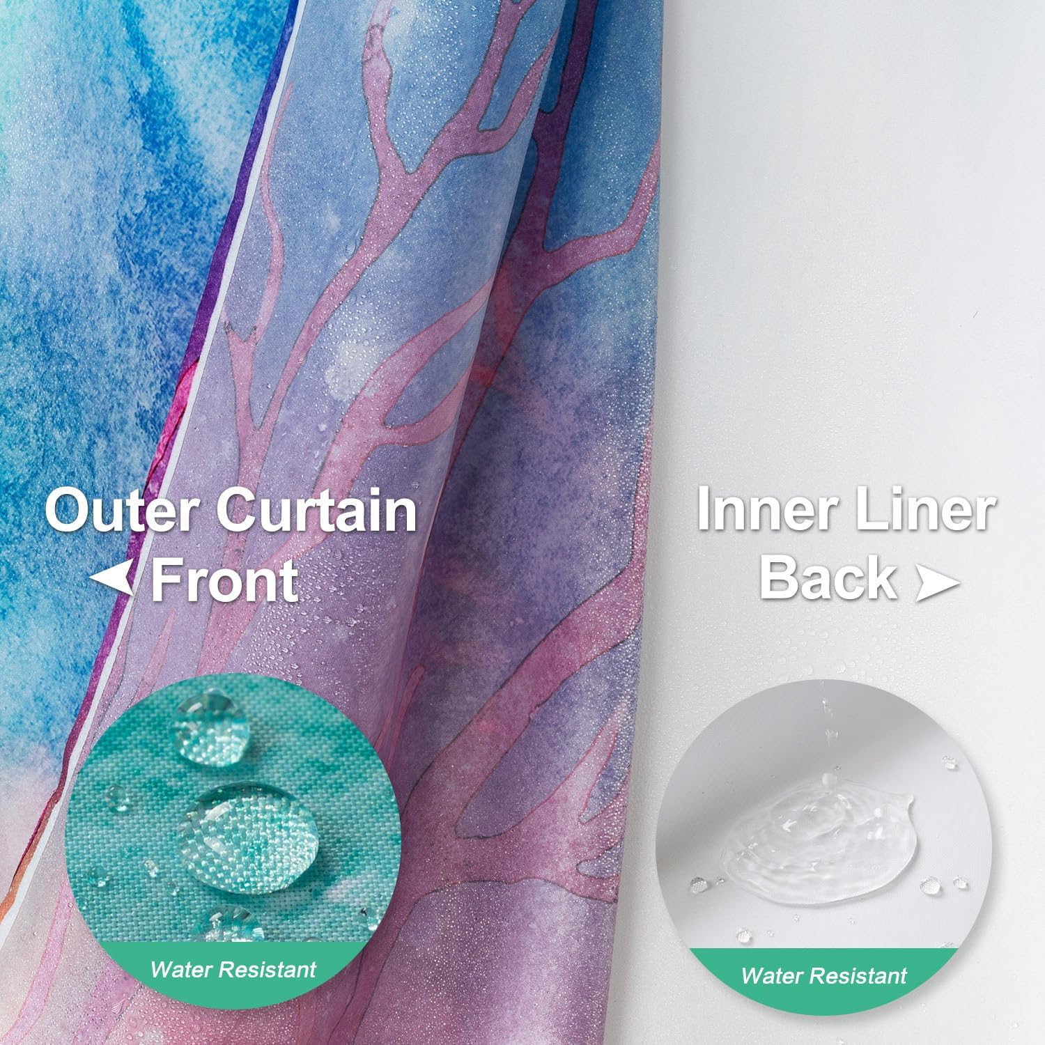 Lokigo Teal Blue Hookless Shower Curtain Set with Liner