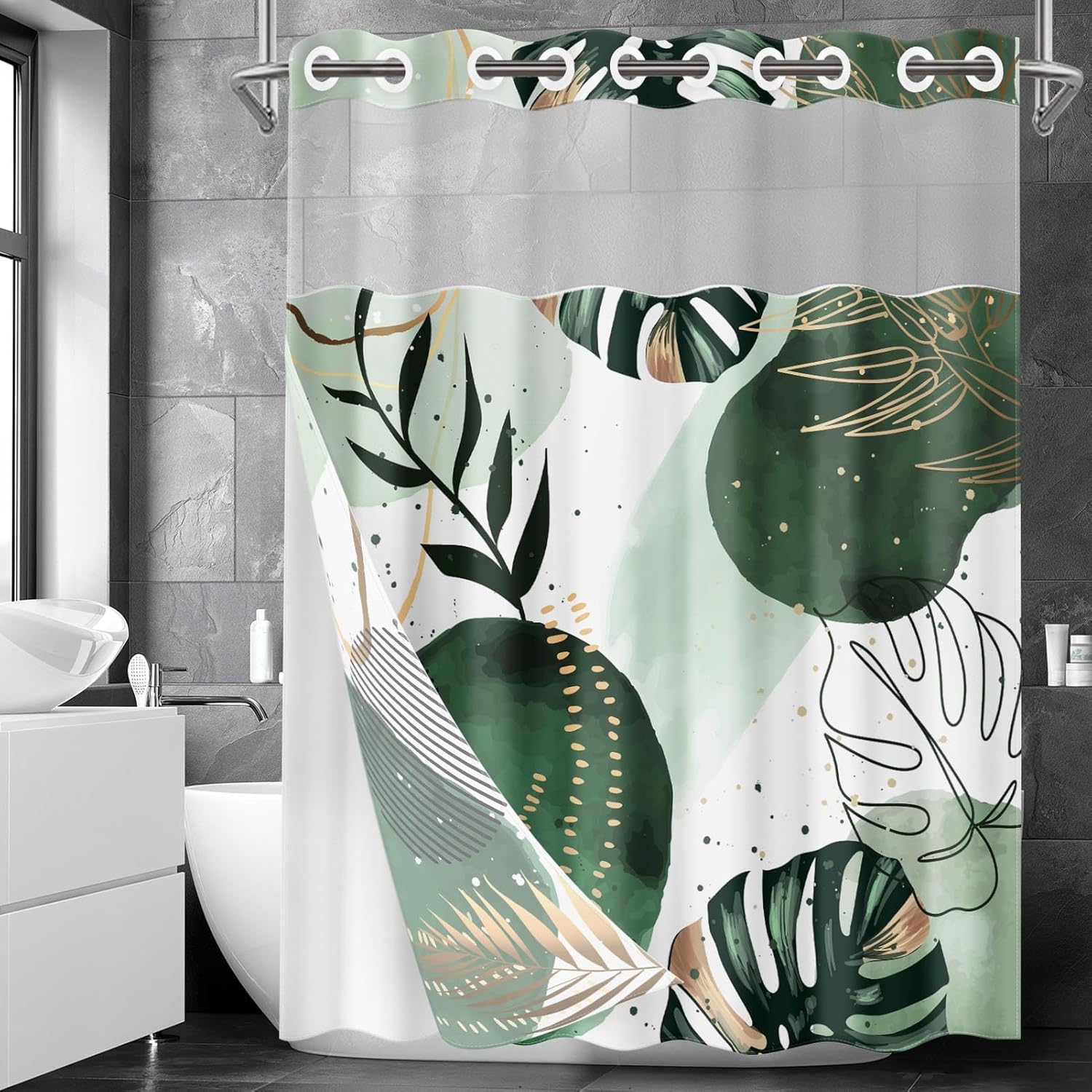 Britown Boho Green Gold Leaves Shower Curtain Set 1