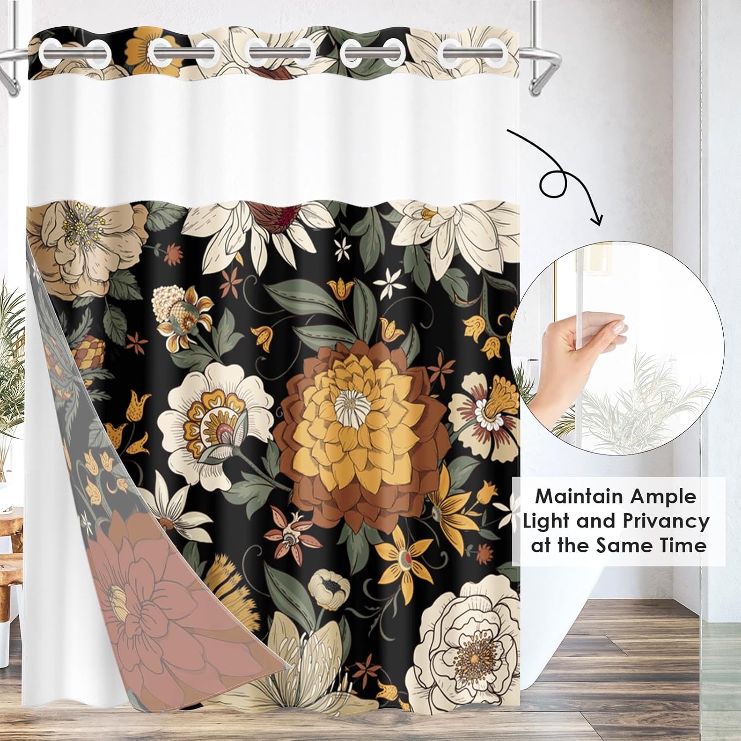 Nesphy Boho Floral Shower Curtain Set with Snap Lining 1