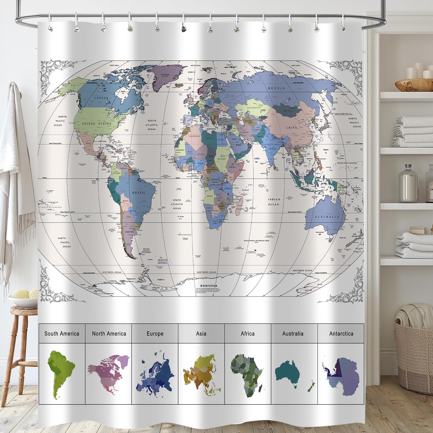 iTapnoom World Map Shower Curtain with 12 Hooks