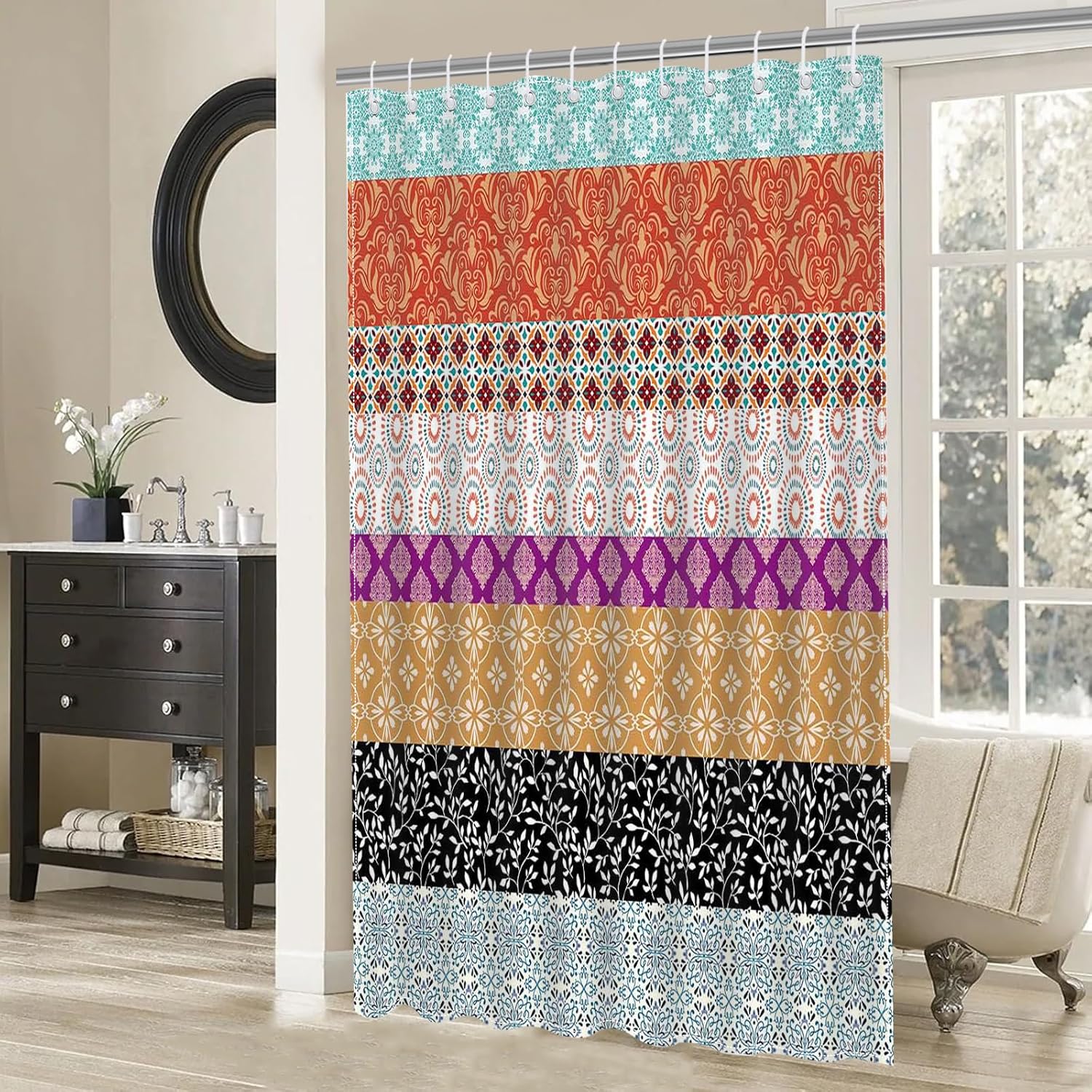 Mocsicka Boho Stripe Shower Curtain with 12 Hooks 72x72 Inch