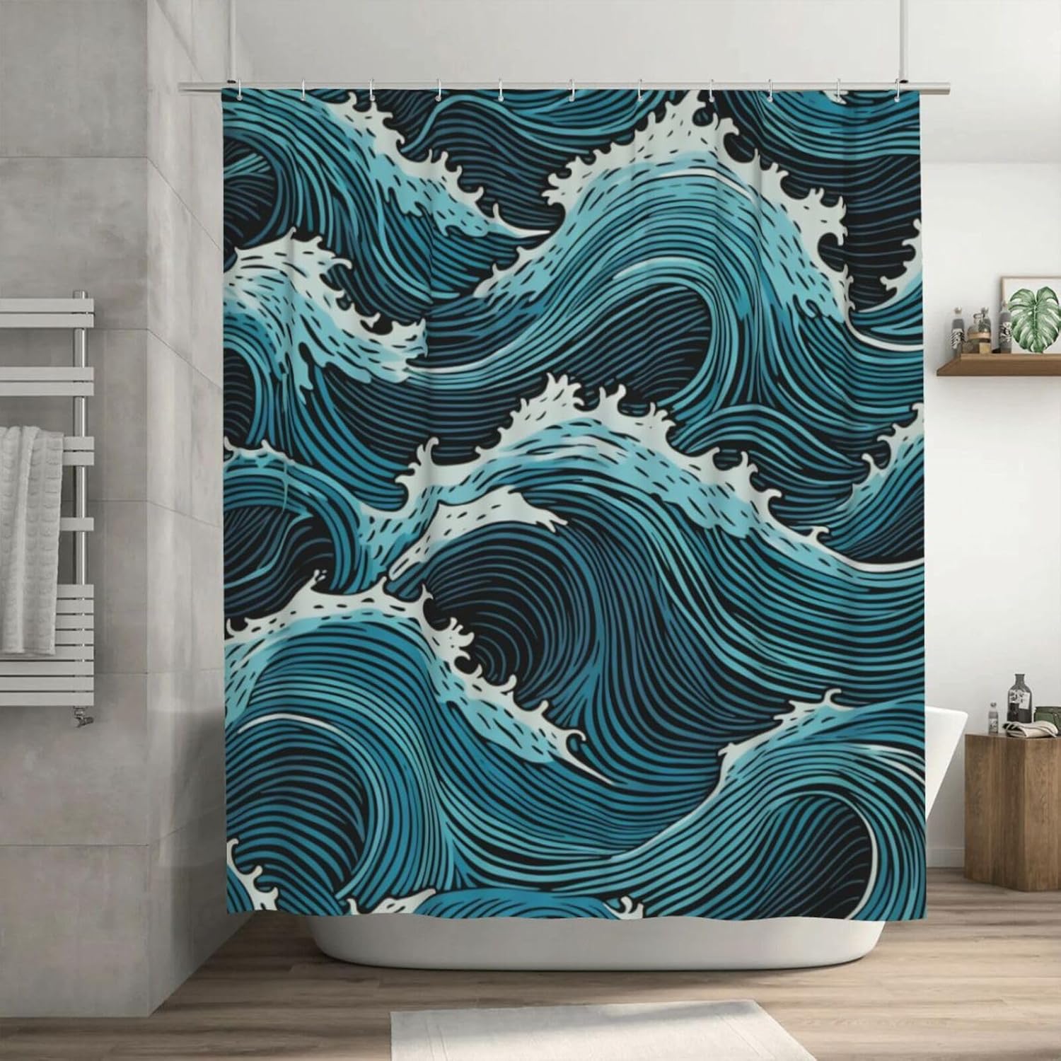 Blue Wave Boho Shower Curtain Set with 12 Hooks 72x72in