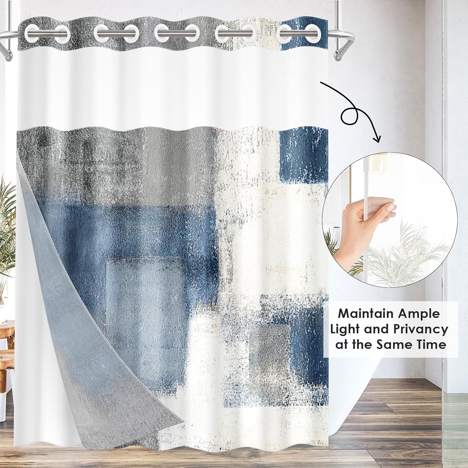 Nesphy No Hook Blue Grey Shower Curtain with Snap-in Liner 1