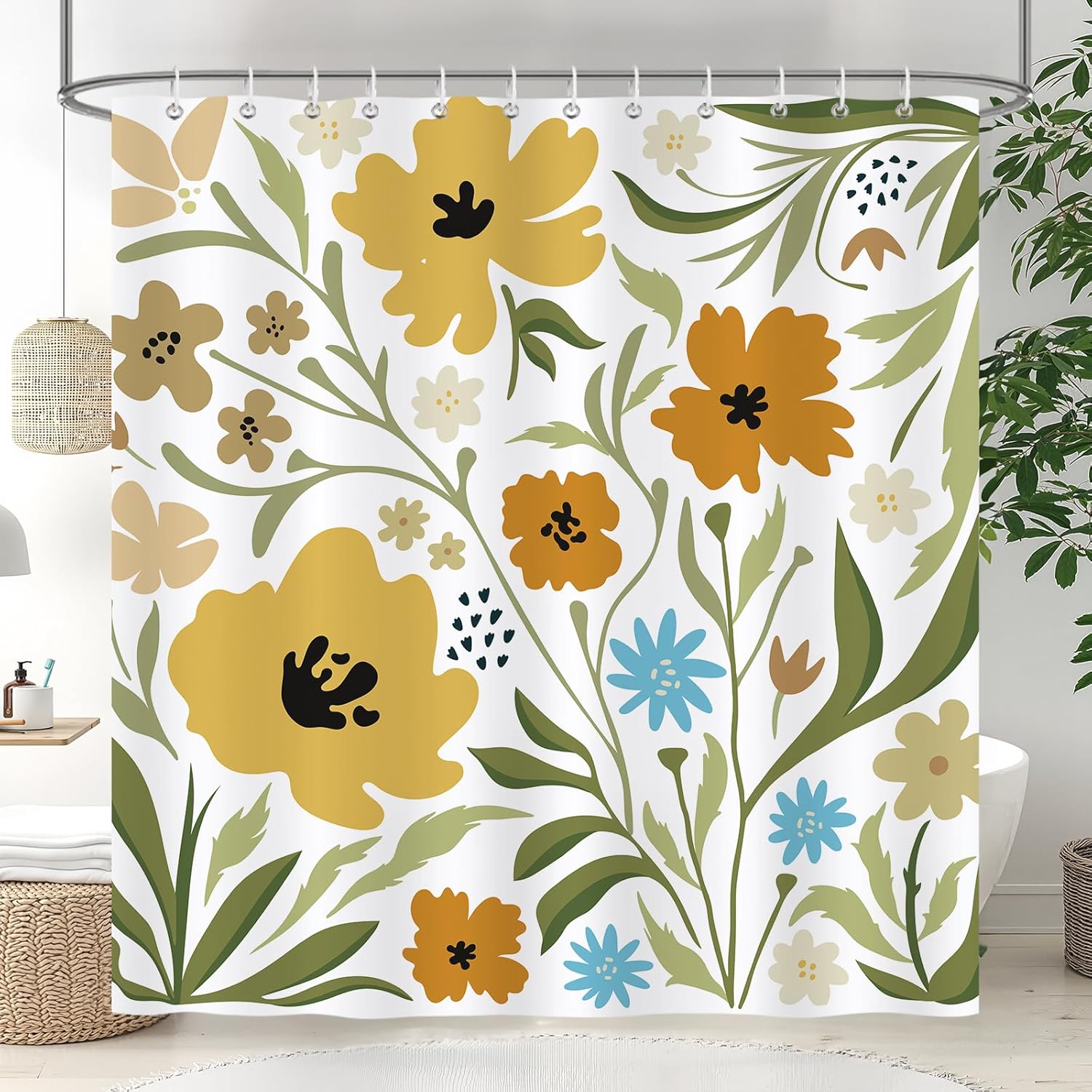 Boho Floral Shower Curtain with 12 Hooks 72x72 Inches