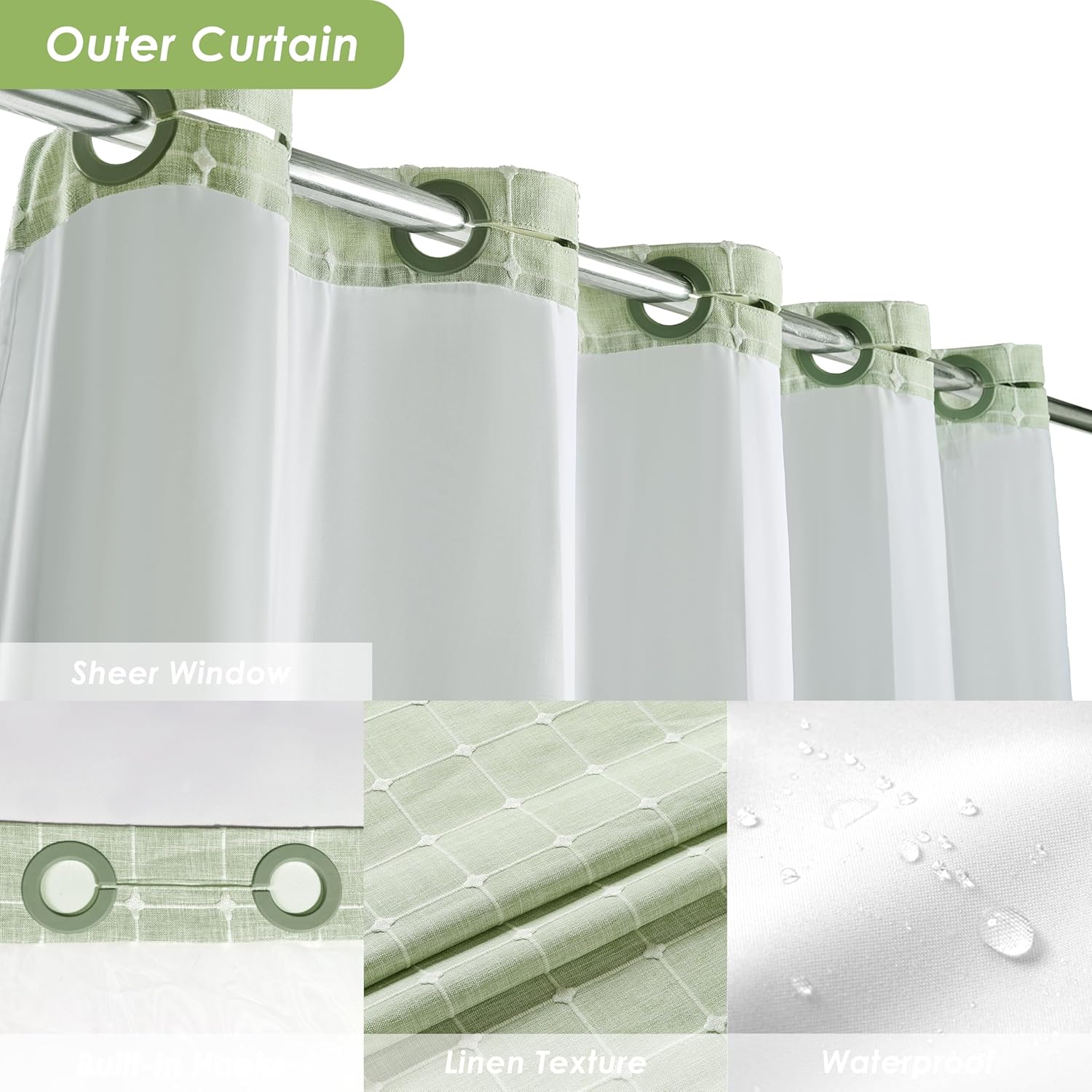 Nesphy Boho Farmhouse Shower Curtain Set Green Linen with Mesh Top