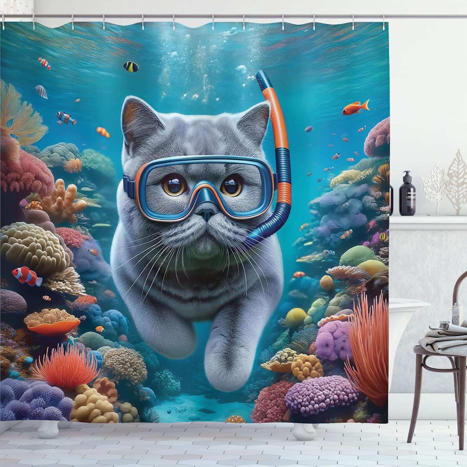 Ambesonne Funny Grey Cat Diving Ocean Shower Curtain Set
