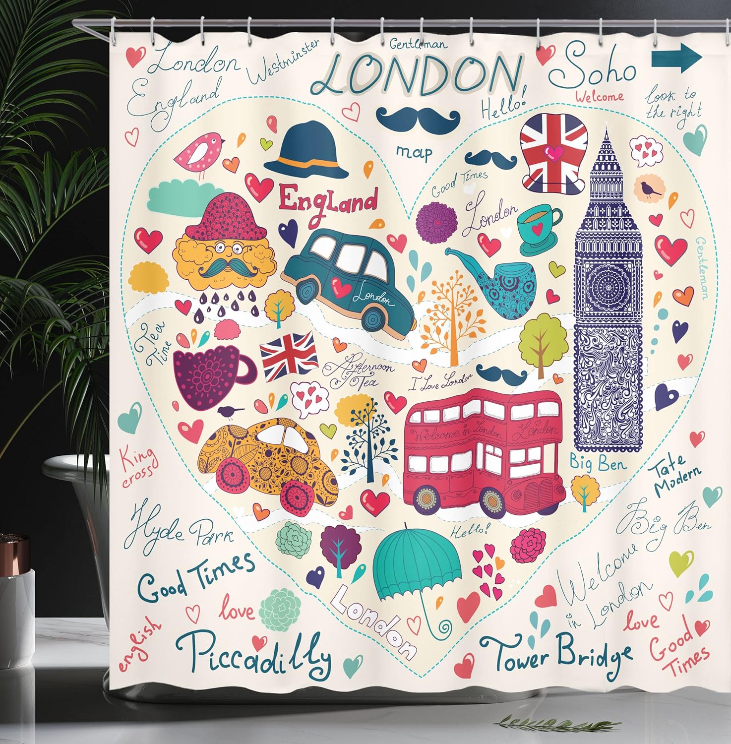 Ambesonne London Shower Curtain Set with Hooks