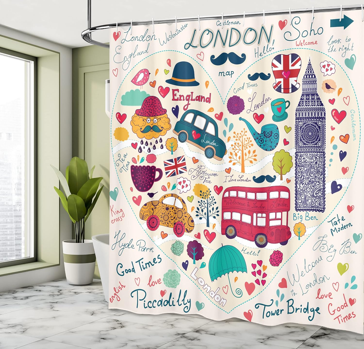 Ambesonne London Shower Curtain Set with Hooks