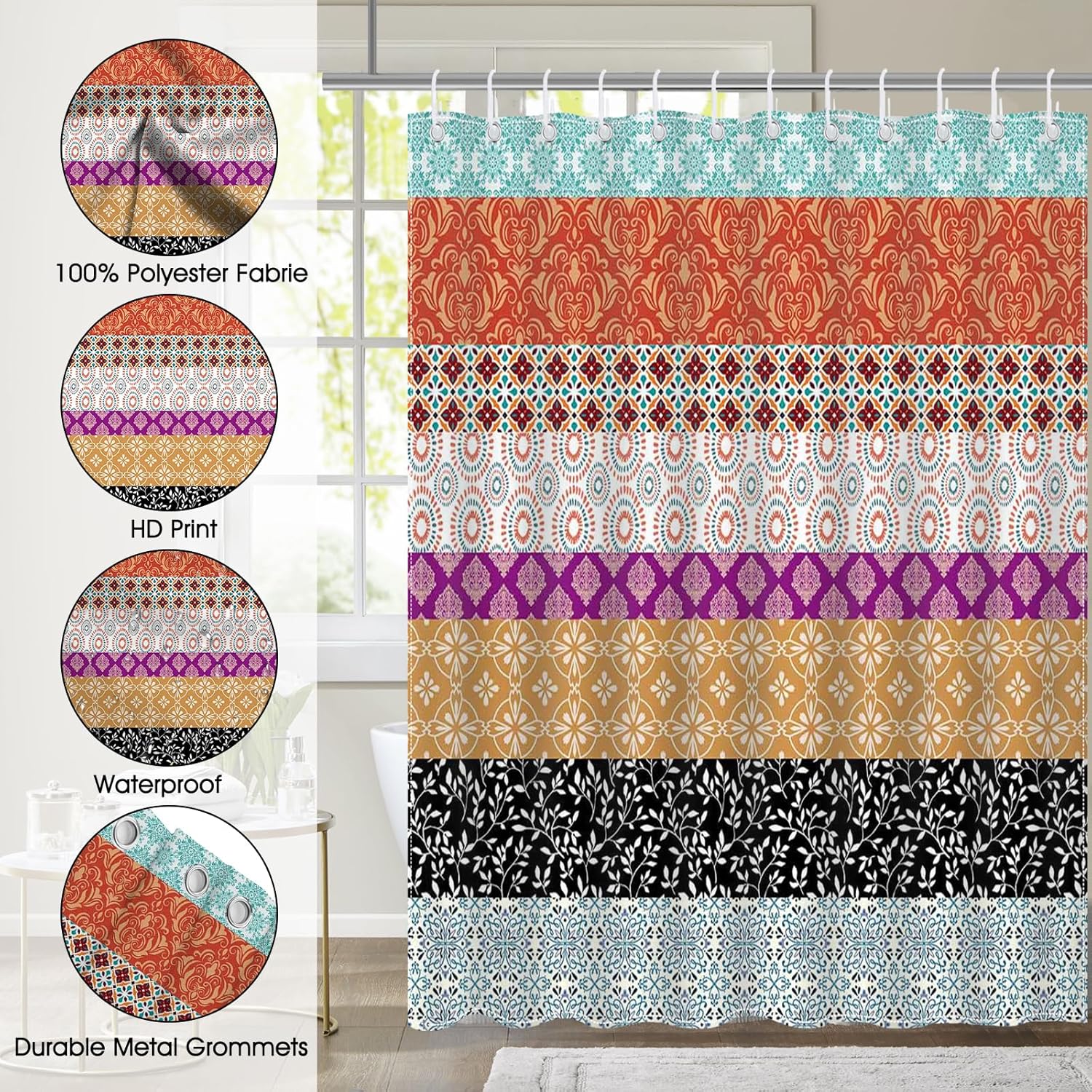Mocsicka Boho Stripe Shower Curtain with 12 Hooks 72x72 Inch