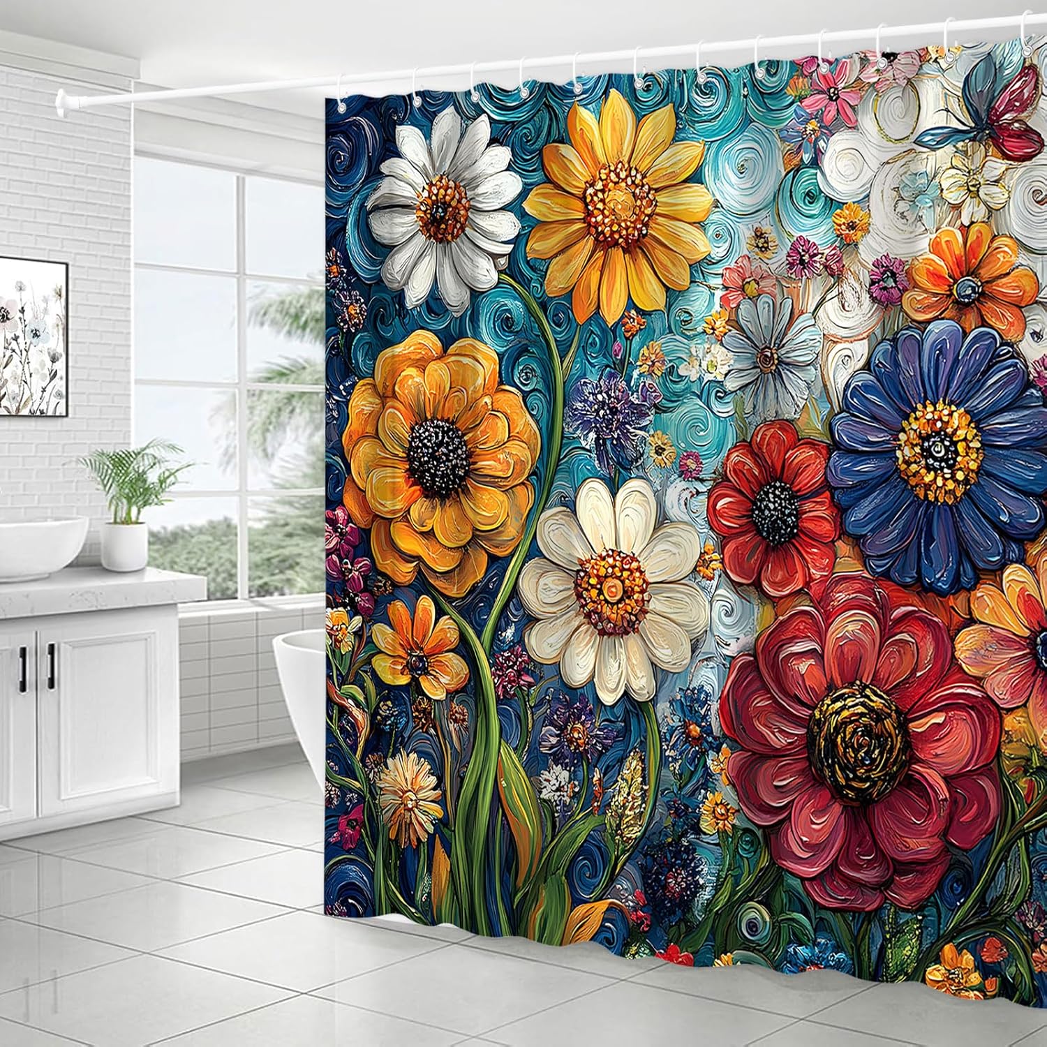 Colorful Floral Shower Curtain with Hooks