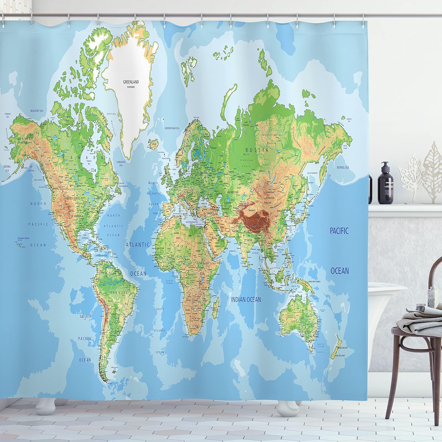 Ambesonne World Map Shower Curtain Set with 12 Hooks