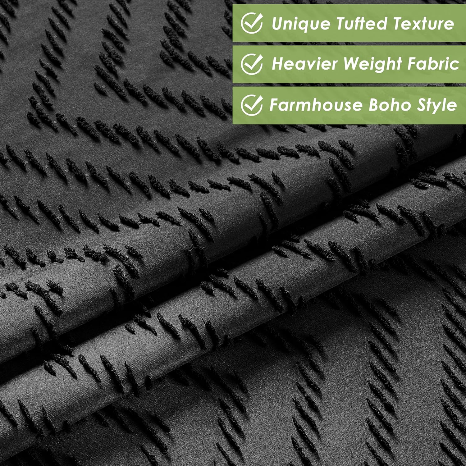 Nesphy Hookless Boho Shower Curtain Set Black Chevron Textured Double Layers Waterproof Liner
